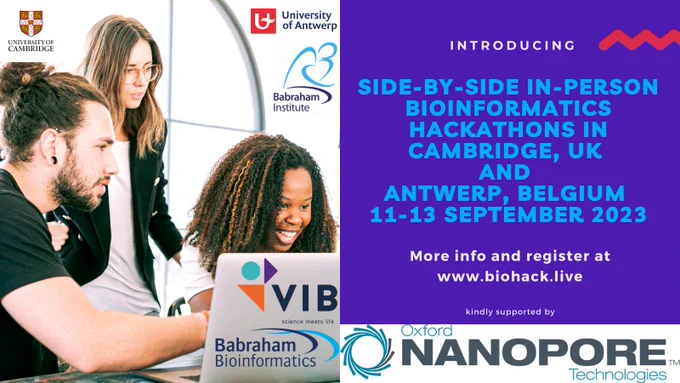 adverts for hackathon. People using computers. Text. For more info visit biohack.live