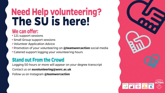 The image white with pink and navy blue accents. 
Bold text says ‘Need help volunteering? The SU is here!’ and it offers information on the support we can provide for our student volunteers.
