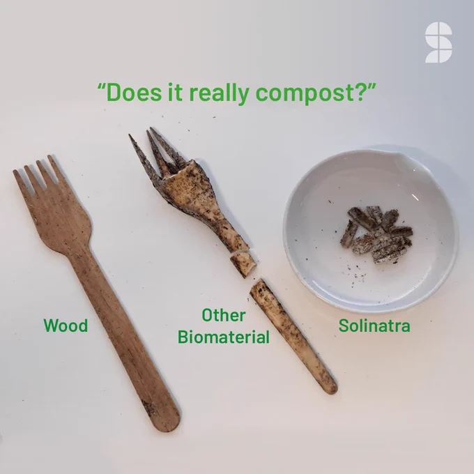 Under the caption “Does it really compost?” is a slightly dirty looking wooden fork, a semi degraded biomaterial fork and the crumbs of an almost fully degraded Solinatra fork.  