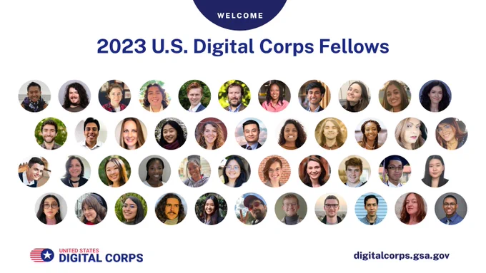 2023 Fellows faces are organize in rows. The card is titled Welcome 2023 U.S. Digital Corps Fellows. 