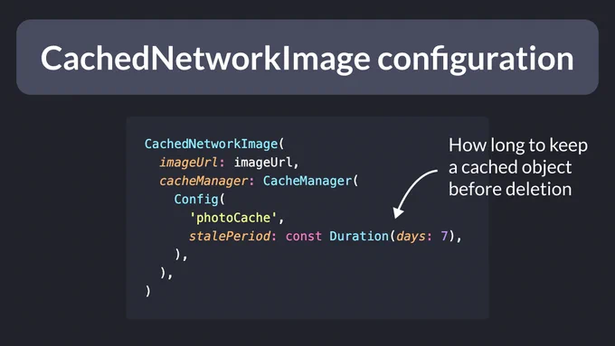 // CachedNetworkImage configuration with `stalePeriod`
CachedNetworkImage(
  imageUrl: imageUrl,
  cacheManager: CacheManager(
    Config(
      'photoCache',
      stalePeriod: const Duration(days: 7),
    ),
  ),
)