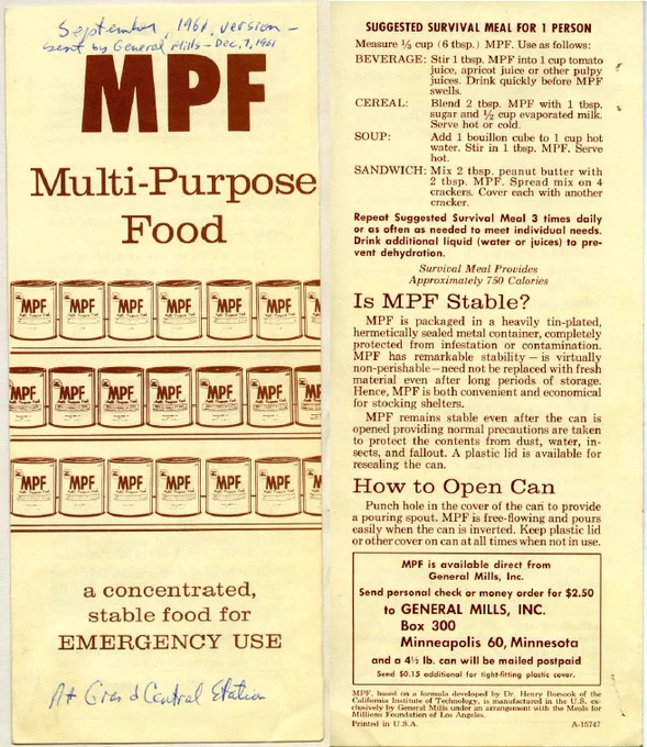 Brochure promoting General Mills' "MPF: Multipurpose Food" which is described as "a concentrated, stable food for Emergency Use"