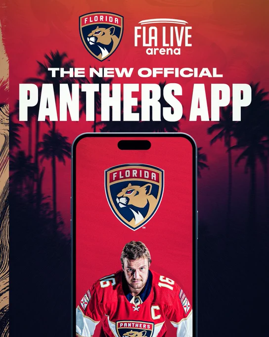 Graphic that reads “The new official Panthers App” in white text at the top. Below it, there’s a photo of Aleksander Barkov on an iPhone screen.