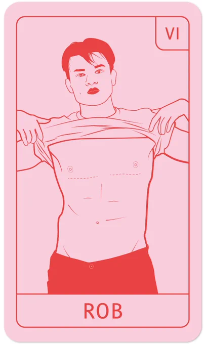 Tarot card line drawing of a figure male presenting and front facing lifting up a tshirt to reveal light scars at the chest indicative of top surgery