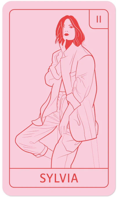 Tarot Card with a line drawing of a figure of a person with feminine physique and dressed in pants and a large coat and dark straight hair