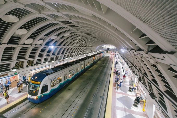 A Link train pulls into a downtown Seattle station