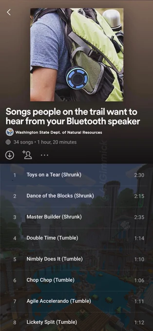 Image of a playlist titled "Songs people on the trail want to hear from your Bluetooth speaker" which contains the songs from Gareth Coker's Minecraft: Battle & Tumble Original Sountracks album.