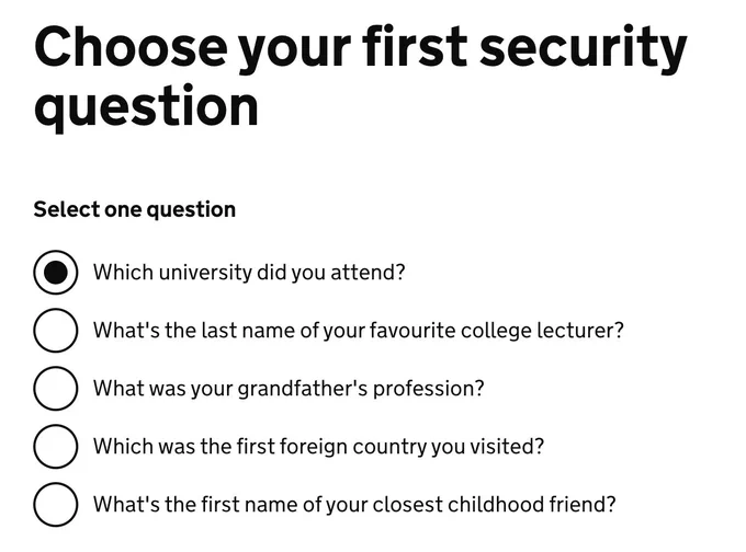 Screenshot from gov.uk website of a set of multiple choice questions 