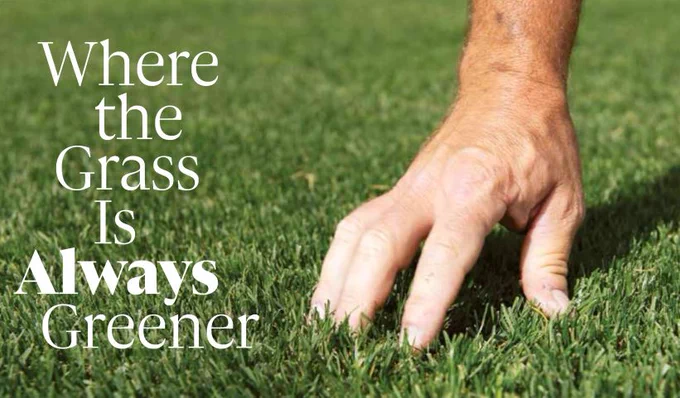 Hand touches soccer turf alongside the magazine profile title, "Where the Grass Is Always Greener."