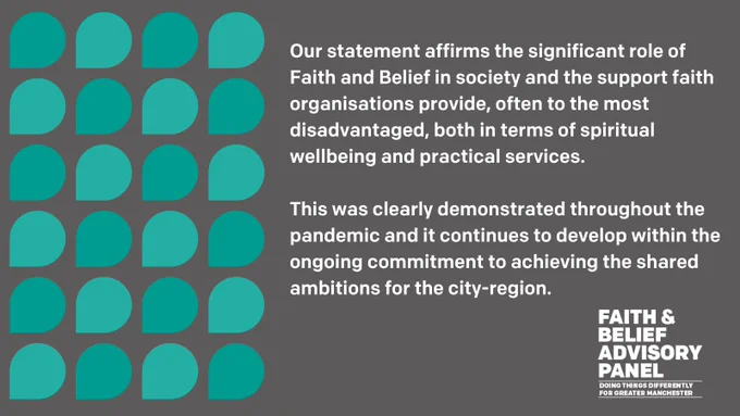 Our statement affirms the significant role of Faith and Belief in society and the support faith organisations provide, often to the most disadvantaged, both in terms of spiritual wellbeing and practical services.

This was clearly demonstrated throughout the pandemic and it continues to develop within the ongoing commitment to achieving the shared ambitions for the city-region.