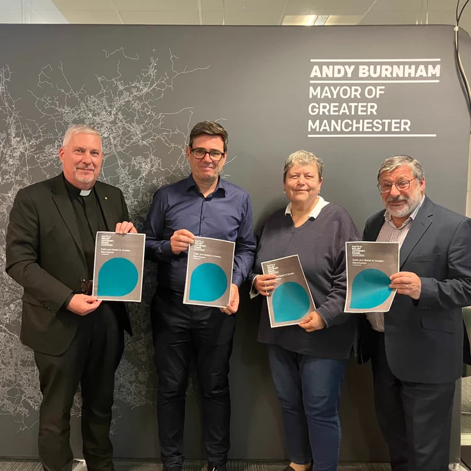 Mayor of Greater Manchester, Andy Burnham with Panel Co-Chairs, Warren Elf and Jill Brennan; and Lead Panel member for the Statement and Action Networks, Ian Rutherford