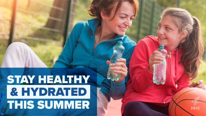 Mother and daughter with water bottles outside. Copy on visual reads: "Stay healthy & hydrated this summer."