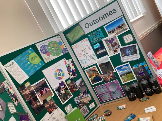 Close up picture of the outcomes section of the board. There are a lot of photos of different activities completed by women, including beach walks, cooking classes and bowling. There are pictures drawn by women explaining how the feel and how Pause has helped them.