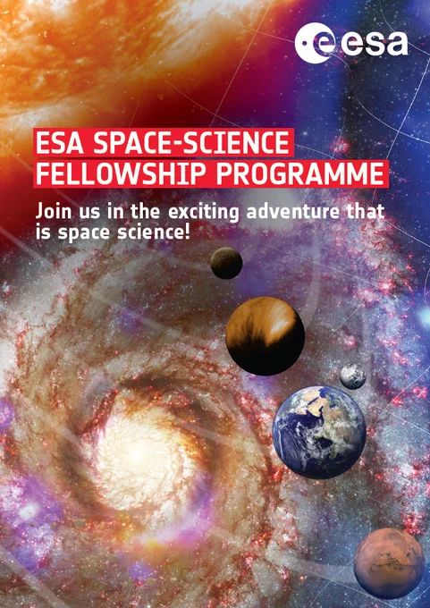 The ESA Space-Science Fellowships Programme poster shows a collage of planets, stars, galaxies and cosmic web to suggest the different research topics of the programme.