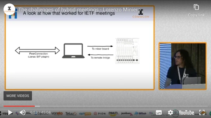 Lorenzo Miniero speaking at CommCon 2023 with slides showing how his company connected remote participants to IRL meetings
