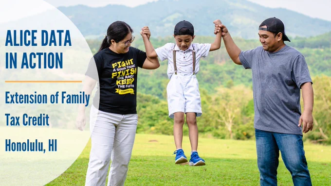 With a Hawaiian volcano and trees in the distance, a Hawaiian family including a mother on the left and a father on the right - both in casual clothing - smile as they each hold the hand of their son - dressed in a white polo, shorts, and suspenders - and lift him up in the air. On the left of the image, blue text on a white overlay reads: ALICE Data in Action: Extension of Family Tax Credit, Honolulu, HI.