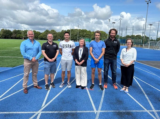 [L-R] Deputy Dean of CSSHS, Huw Wiltshire / Senior Lecturer in Sport Biomec​hanics, Dr. Ian Bezodis / Stanislav Kovalenko / Vice-Chancellor Professor Cara Aitchison / Nikita Rodchenkov / PhD in Biomechanics Student, Hans Von Lieres / Deputy Vice-Chancellor, Rachael Langford.