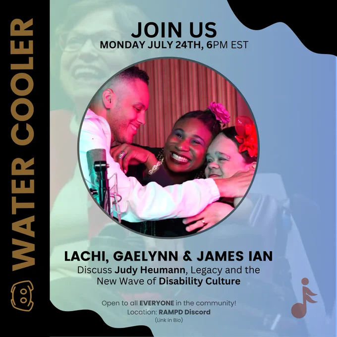 Lachi, James Ian and Gaelynn Lea hug in a photo, below the wrods "Join Us, Monday July 24th 6pm, and beside the words WaterCooler