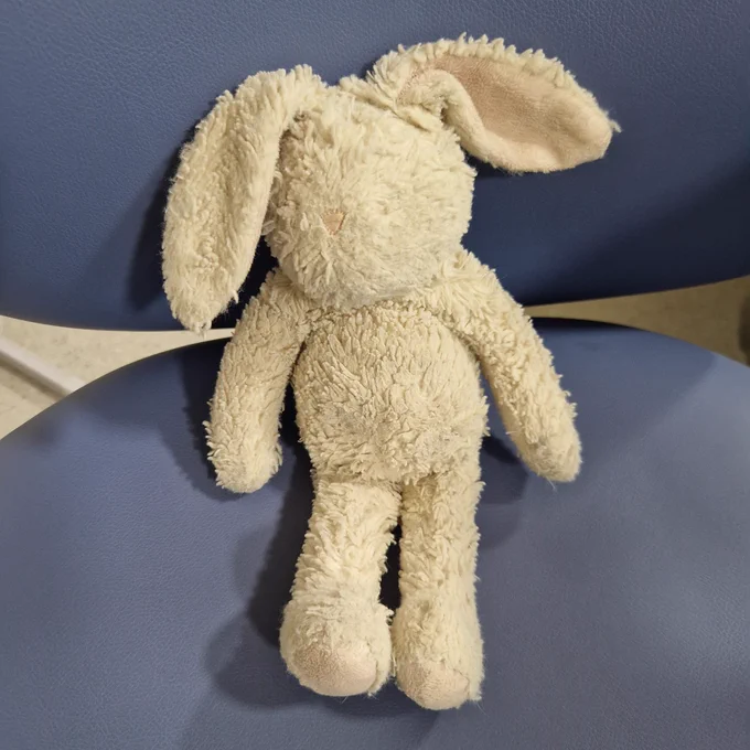 A cream coloured lonely bunny teddy bear with long floppy ears, sits patiently in a blue NHS chair waiting for their owner to return.