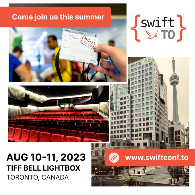 Picture of someone holding a conference badge, picture of a large cinema theatre, picture of the CN tower view from restaurant patio. Caption in image reads "come join us"