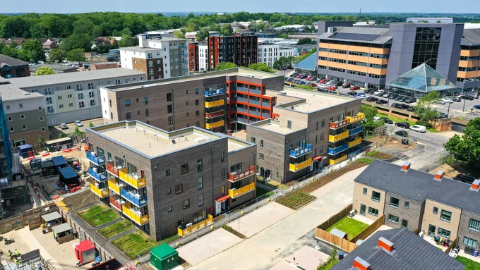 Ariel shot of block of flats.  