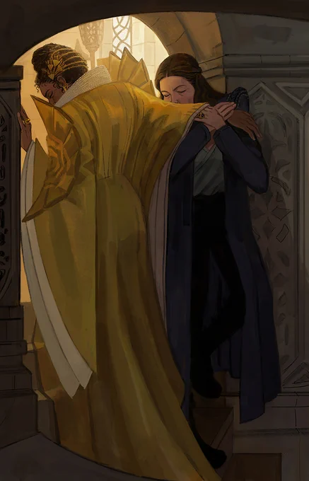 An homage to the Frederic William Burton painting “Meeting in the Turret Stairs." Siuan, in her Amyrlin regalia, ascends the stairs toward the light, as she passes by Moiraine, in her traveling clothes, descending into the dark. Moiraine, mid-step, clutches Siuan's right arm to her chest with both hands, kissing it, while an anguished Siuan braces her left hand against a pillar.