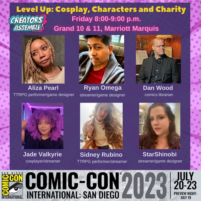 Promo graphic for level up: cosplay, characters and charity panel by creators assemble, at San Diego comic con.