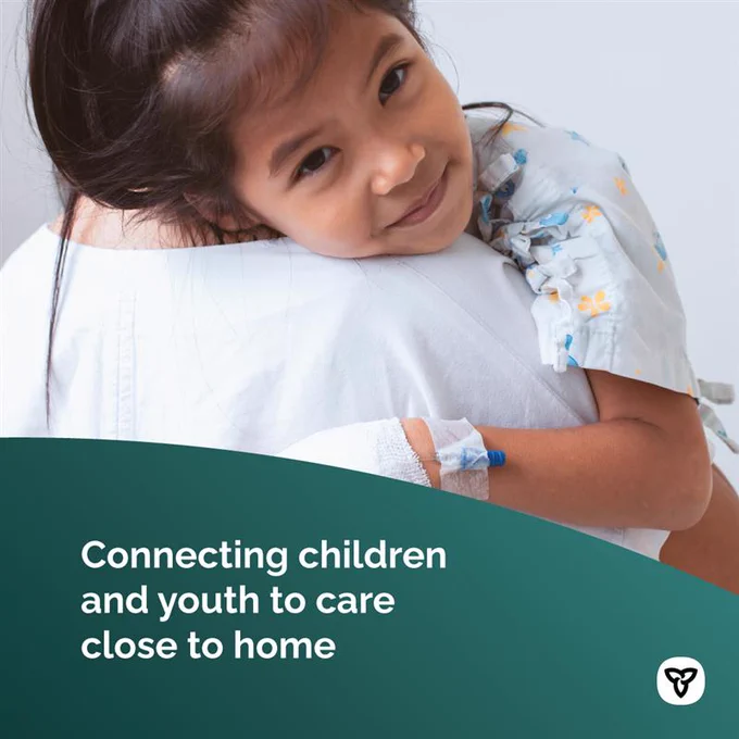 Image of a child patient resting on the shoulder of a health care worker.
Image text: Connecting children and youth to care close to home.