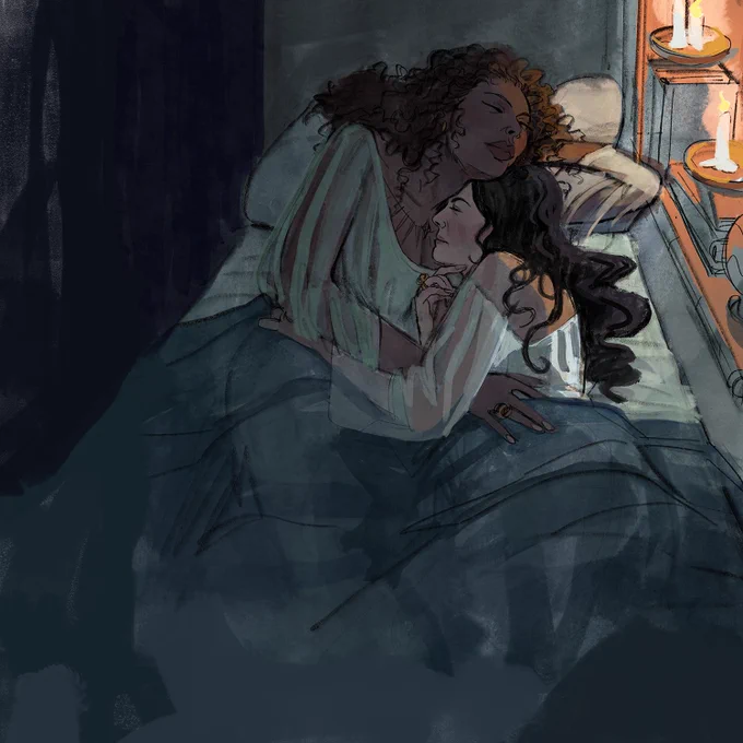Moiraine and Siuan lie in the narrow bed of one of their Accepted rooms within the White Tower. Siuan sleeps on her side, wearing a white nightgown, one arm folded under her head and the other resting on Moiraine's side. Moiraine, wearing the same white nightgown, is tucked against her, face nestled in her neck, one arm curled into her own chest and the other draped across Siuan's hip. Candles burn dimly in the shelved alcove beside them, stacked upon books.