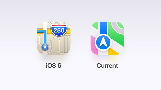 Image displaying two version of the Apple Maps app icon.