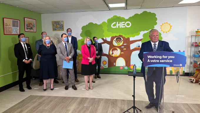 Premier Doug Ford speaks to the media alongside Minister of Health Sylvia Jones, local MPPs and invited guests at CHEO Hospital in Ottawa. 