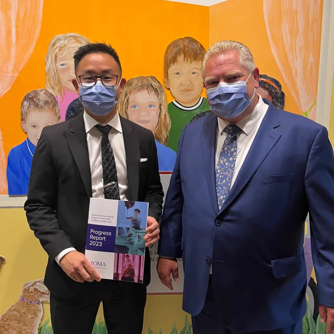 OMA President Dr. Andrew Park and Premier Doug Ford at CHEO Hospital in Ottawa. 