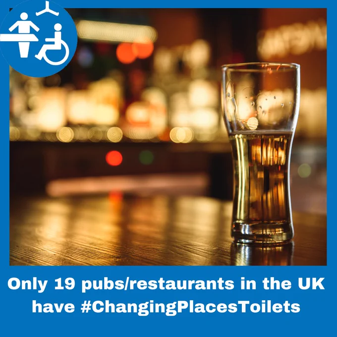 A pint glass on a bar table. The Changing Places logo is shown. Text says: Only 19 pubs/restaurants in the UK have Changing Places toilets
