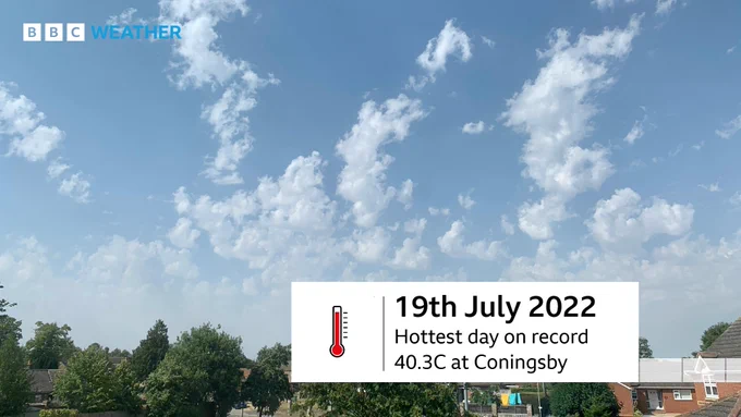 Photo of summery blue skies and fluffy white clouds above a street in Lincolnshire. The text reads, 19th July 2022. Hottest day on record. 40.3C at Coningsby