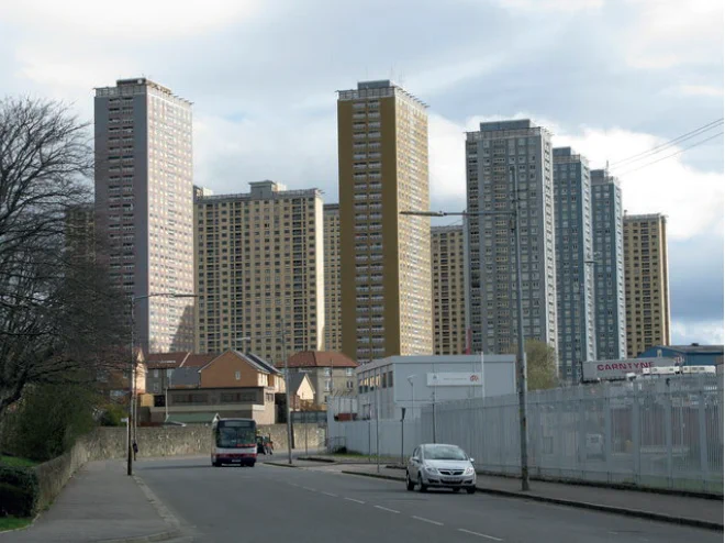 Red Road Flats, Glasgow, built between 1962 and 1969 to
replace slum tenements. This photo was taken in 2009, by
2015 all the blocks had been demolished. (Photo: CC G. Laird)