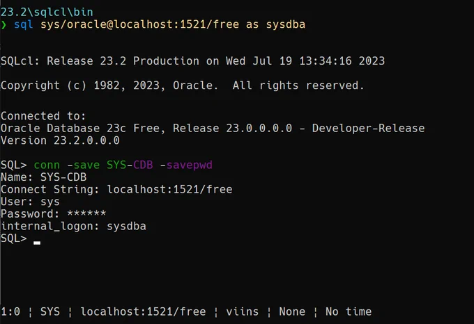 Using SQLcl to connect as SYS, then saving that connection with a name, and opting in to include the password.