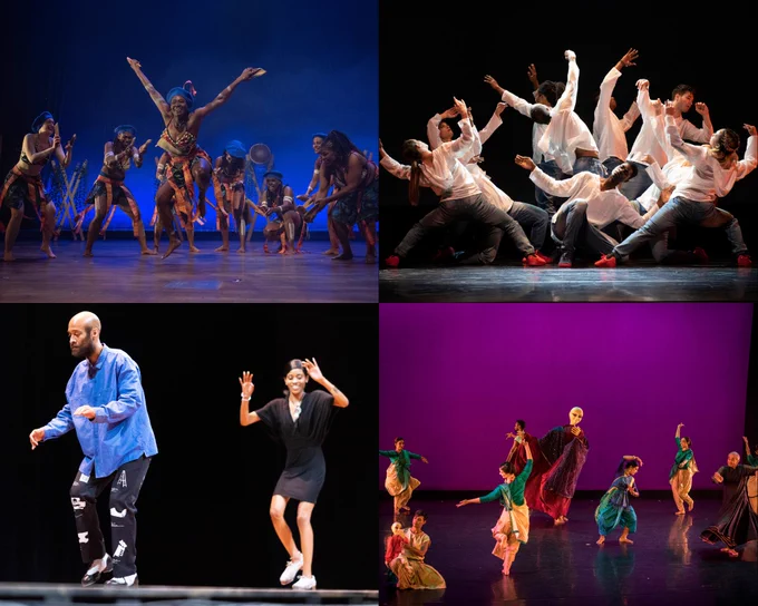 A collage of several dance organizations performing onstage