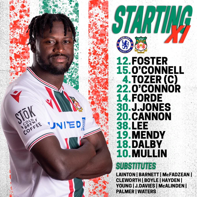 Wrexham Starting XI: Foster, O'Connell, Tozer (C), O,Connor, Forde, J.Jones, Cannon, Lee, Mendy, Dalby, Mullin.
Subs: Linton, Barnett, McFadzean, Cleworth, Boyle, Hayden, Young, J.Davies, McAlinden, Palmer, Waters