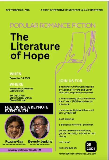 Flyer for The Literature of Hope romance conference in September 23 at Yale