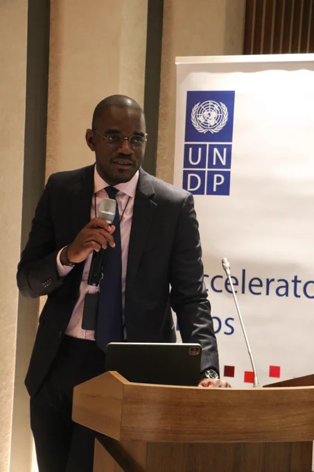 An image of the Deputy Resident Representative, Roland Seri, giving his remarks at the Collective Intelligence Workshop on the Africa Continental Free Trade Area (AfCFTA)