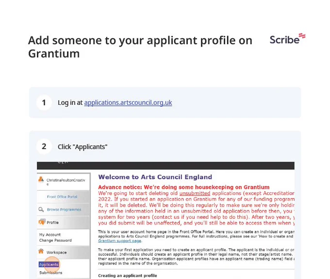 Screenshot of the Grantium log in page with the menu option 'Applicants' highlighted. Step 1. Log in. Step 2. Click 'Applicants'