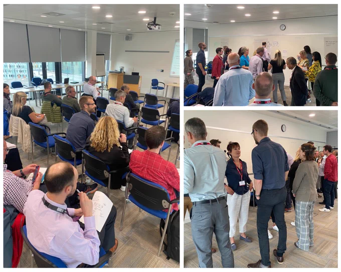 Photo montage of the Net Zero Living team and Fast Followers cohort at  Nottingham City Council's Loxley House, meeting at the Midlands Net Zero Hub