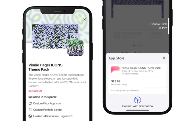 Two screenshot of the Floor app, showing the new feature allowing users to make NFT purchases in-app