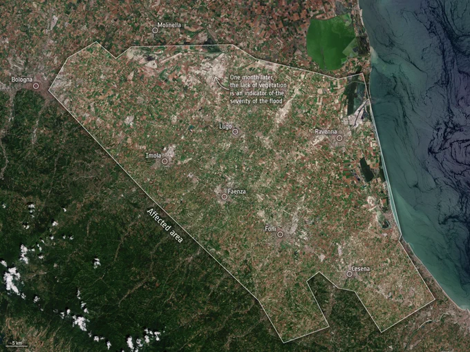 The Italian region of Emilia-Romagna was devastated by severe floods in May 2023, killing 15 people, displacing more than 35 000 and resulted in an estimated €8.8 billion in damages. With the region still grappling with the aftermath, satellites have been instrumental in assessing the damages of the affected areas.

This map details the affected cities and shows how a month later, the lack of vegetation is an indicator of the severity of the flood.