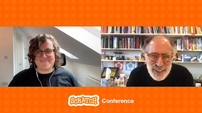 Orange background with Scratch Conference logo. Image of ceebee and Mitch overlayed.