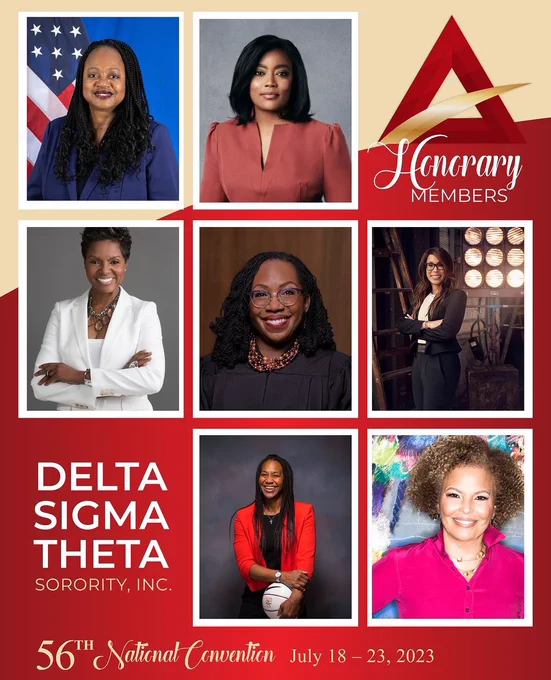 Delta Sigma Theta Sorority announces its newest honorary members: Ambassador Bonnie D. Jenkins, Channing Dungey, Rashida Jones, Tamika Catchings, Debra Lee, Phyliss Newhouse, and Justice Ketanji Brown Jackson.