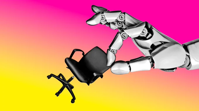 A white robot hand taking a tiny desk chair with thumb and index finger.