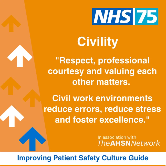 Civility

Respect, professional courtesy and valuing each other matters. 

Civil work environments reduce errors, reduce stress and foster excellence.

Improving Patient Safety Culture Guide.