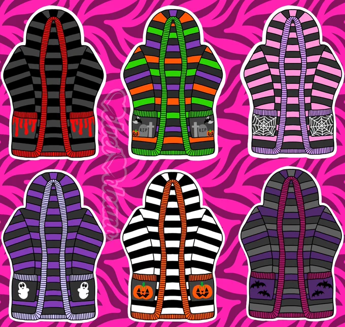 Fashion illustration of 6 crochet hooded cardigans, the 1st is grey and black striped with red trims and red blood drip design on the pockets, the 2nd is black, purple, green and orange striped with a green trim and a graveyard scene design on the pockets, the 3rd is bubblegum pink and black striped with a lilac trim and white spider webs on the pockets, the 4th is black & purple striped with lavender trim and ghosts on the pockets, the 5th is black & white striped with orange trim and carved pumpkins on the pockets, the 6th is grey and purple striped with a dark pink trim and black bats on the pockets. The background is neon pink and black zebra print