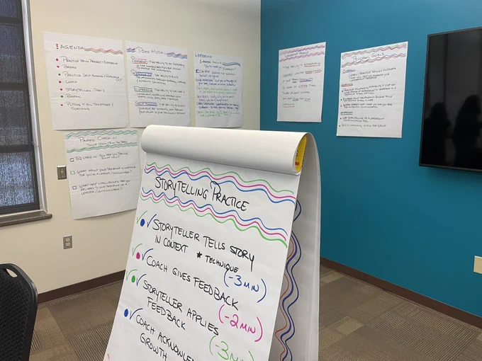 A picture of a room with blue and white walls. There is a flip chart in the foreground and chart paper hung on the walls in the background. The flip chart is titled storytelling practice.